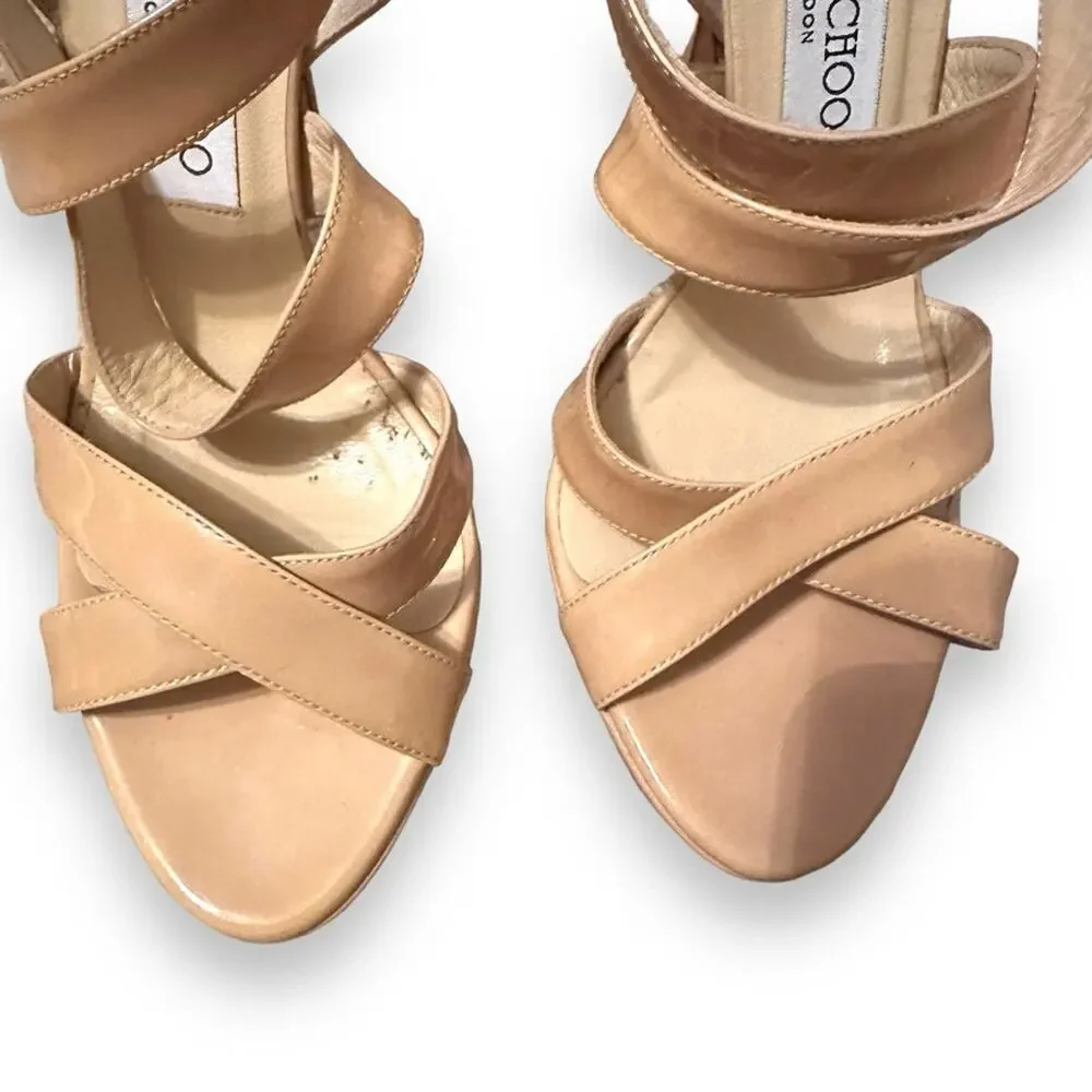 Jimmy‎ Choo Beige Patent Leather Vamp Sandals Stiletto Heels Sz 38.5